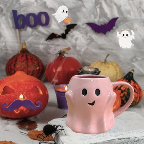 HS&ROXIN Halloween Ghost Mug 3D Cute Ghostface Novelty Coffee Mug Spooky Ceramic Ghost Cup Halloween Christmas Birthdays Party Gifts and Decorations for Kids Adult (Pink)