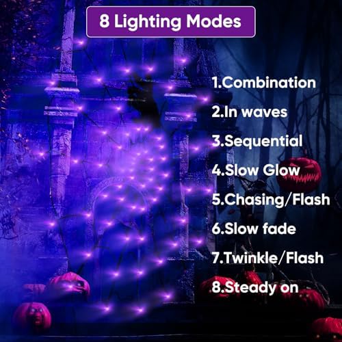 LCHUANG Halloween Decorations Spider Web Lights - 2 Pcs Light Up Spider Web, 4FT Diameter 70 LED with Black Spider, Waterproof, Remote Control, 8 Modes Cobweb Halloween Decorations (Purple+Orange)