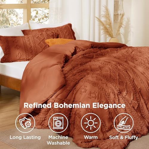 Bedsure Tufted Boho Comforter Set California King - Terracotta Boho Bed Set, GentleSoft™ 3 Pieces Farmhouse-Style
