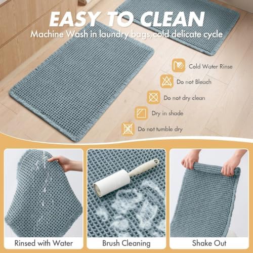 MIULEE Set of 2 Waffle Bathroom Rugs Boho Bath Mat Dusty Blue 18x30 Inch