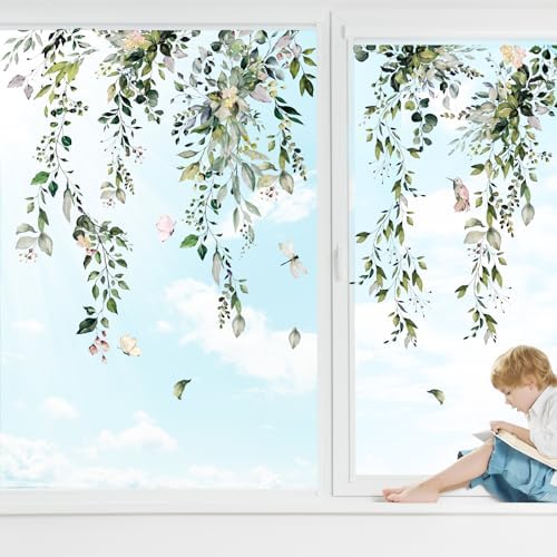 Whaline 9 Sheets Summer Flower Window Cling, Hanging Vine Floral Leaves