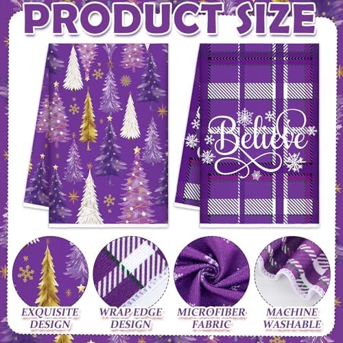 Oudain 6 Pcs Purple Christmas Kitchen Towels Xmas Tree Tea Dishtowels Decorative Plaid Bathroom Hand Towel Farmhouse Purple Christmas Decorations for Kitchen Bath Housewarming Home Gifts