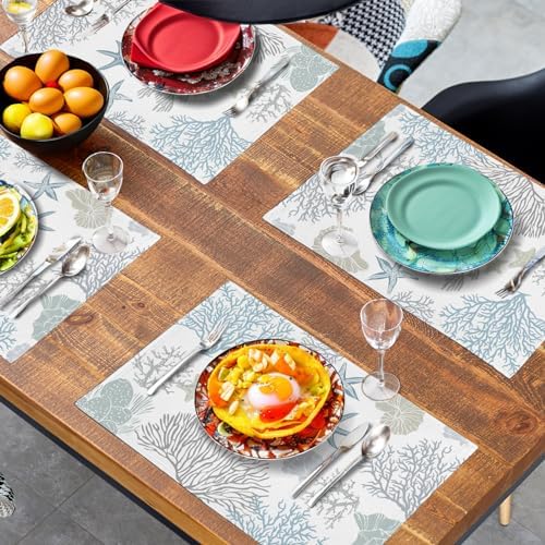 Summer Linen Placemats Set of 4 Nautical Coastal Theme Washable Non-Slip Heat Resistant Table Place Mat 12×18 Inch Ocean Beach Blue Grey Coral Starfish Place Mats for Kitchen Dining Table