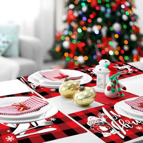 Christmas Placemats Set of 6 Red and Black Plastic Table Mat 17×13×0.04in