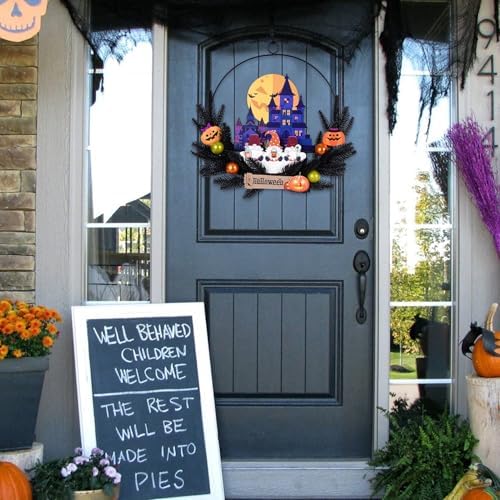 Pre-Lit Halloween Wreath for Front Door, Lighted Dwarf with 6H On/18H Off