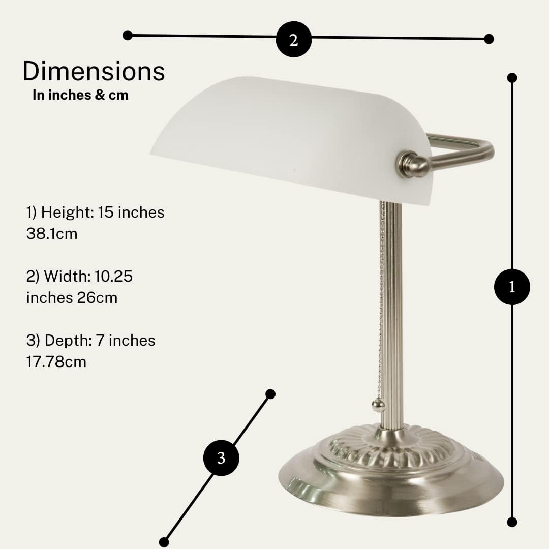 LIGHTACCENTS Bankers Desk Lamp with White Glass Shade, Nickel Finish - Traditional Desk Light for Home Office, Reading
