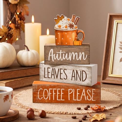 Lineshading 4 Pcs Fall Coffee Table Decor for Home, Wooden Hot Cocoa Signs