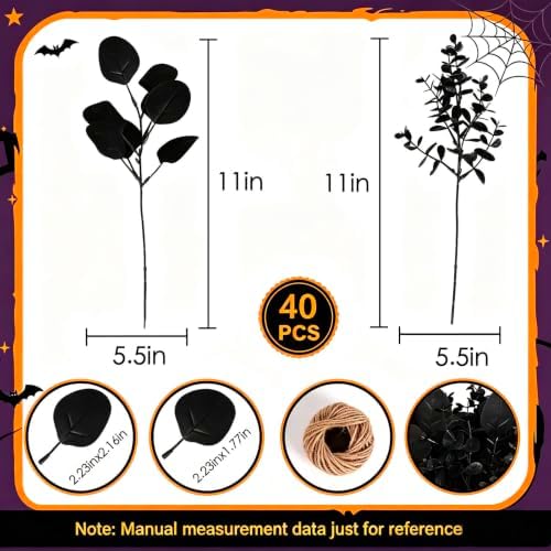 ZeKonan 40 Pcs Artificial Black Eucalyptus Stems Fake Halloween Flowers 11" Mixed Faux Eucalyptus Leaves Plant for Wedding Vase Center Bouquet Flower Arrangement, Halloween Fall Home Decor