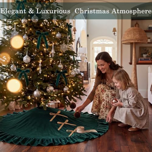 Velvet Christmas Tree Skirt, 48 Inches, Bow Style, Dark Green