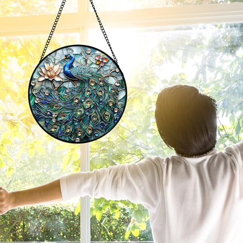 Peacock and Lotus Stained Glass Window Hanging Suncatcher Gifts Decor 7.8"
