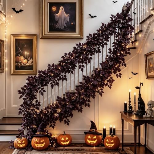 Fall Garland for Mantle, 2 Pack 7 Ft Plum Cimicifuga Seeded Leaf Garlands