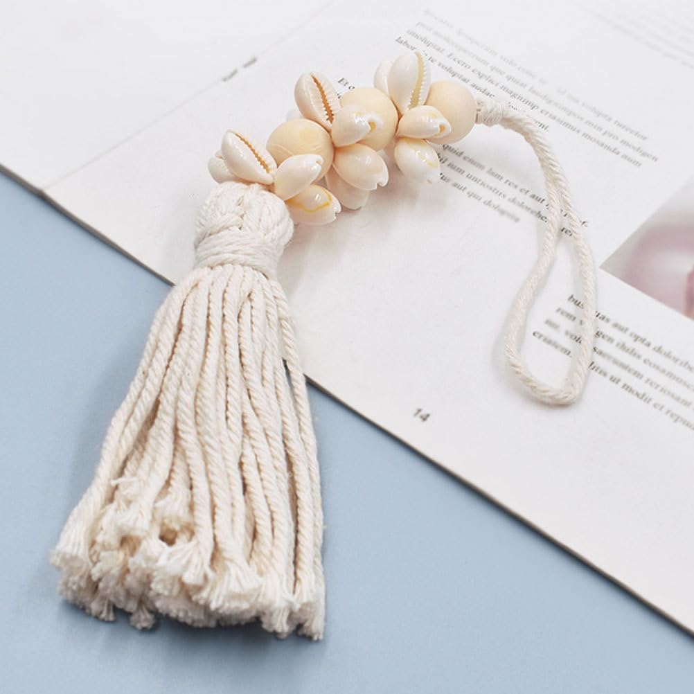 Boho Wood Beads and Shell Tassel Garland Cotton Thread Hanging String / 25 x 1.6 x 1.6 / Cm / Cream