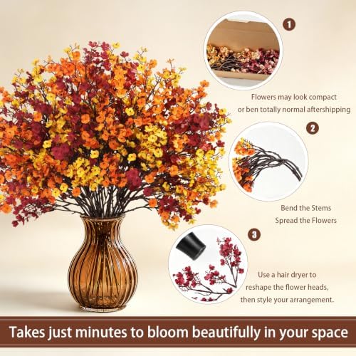 30PCS Fall Artificial Flowers Baby Breath, Burgundy & Orange Fall Flowers
