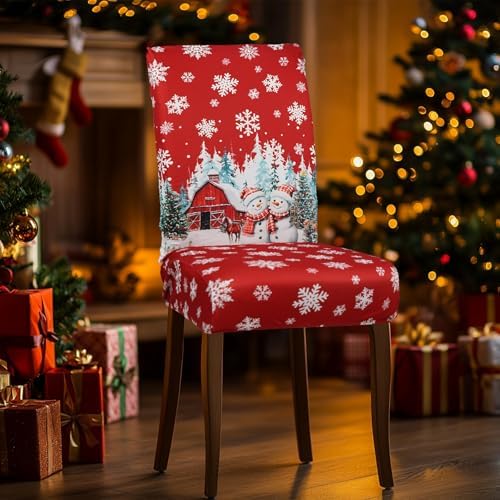 Christmas Chair Covers Set of 4 Snowman Red Truck Dining Chair Seat Cover Stretch Removable Xmas Chair Slipcover Protector for Xmas Dining Room Kitchen Home Decor