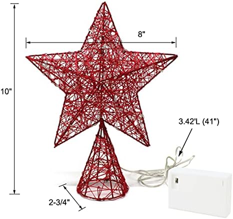 CVHOMEDECO. Red Tree Top Star with Warm White LED Lights and Timer for Christmas Ornaments and Holiday Seasonal Décor, 8 x 10 Inch