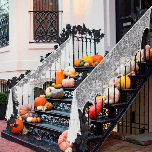 Halloween Mantel Scarf,White Lace Spiderweb Fireplace Mantel Scarf,Halloween Mantel Decor for Cloth Table Runner,Halloween Decorations Indoor Festive Party Supplies Door Window Curtains,96 x 18 Inch