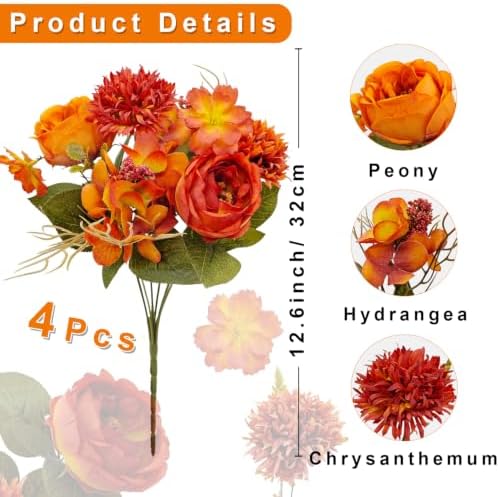 6 Bundles Fall Artificial Flowers Bouquet Fake Peony Silk Chrysanthemums Autumn Faux Floral Arrangements for Home Decor Indoor Kitchen Table Centerpieces Vase Decoration (6, Burnt Orange)