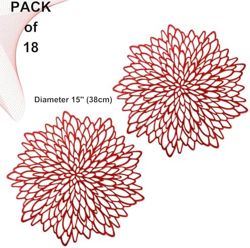 Snowkingdom Red Placemats Pressed Vinyl Metallic Shiny Floral Dinning Mats Round Leaf Table Decoration for Halloween Mother's Day Valentine Weddings Mother's Day Christmas Holiday Celebrations 18 Pack