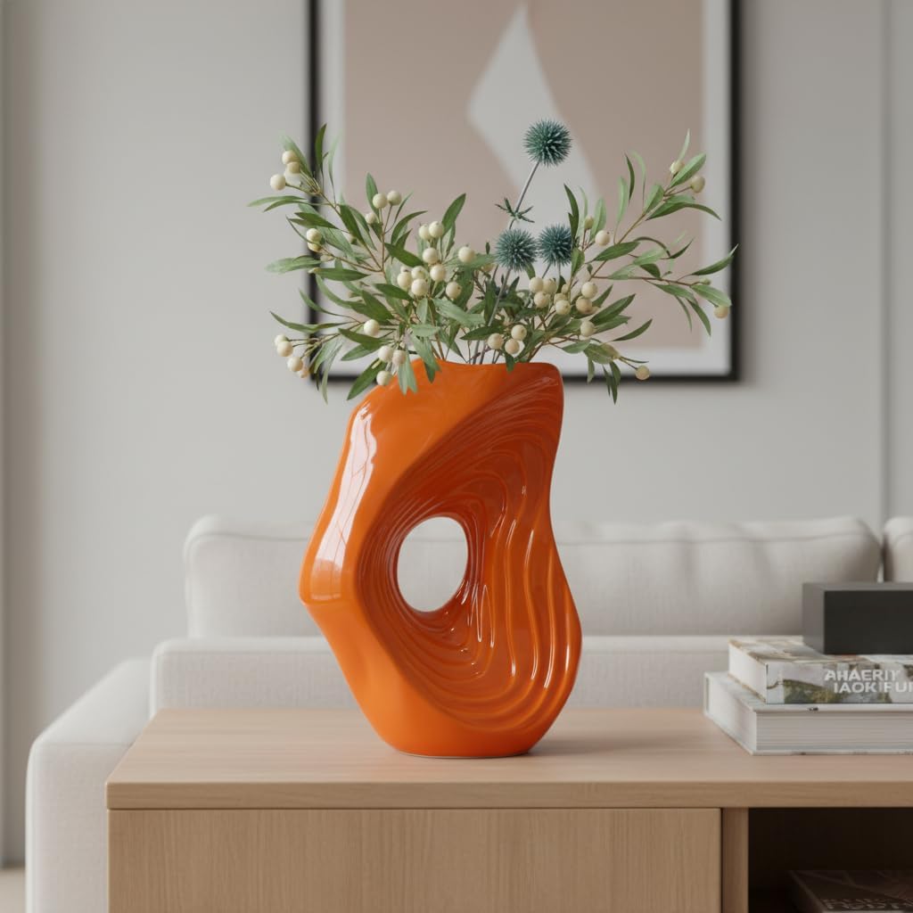 Ceramic Vase for Pampas Grass / Orange / 11 Inch