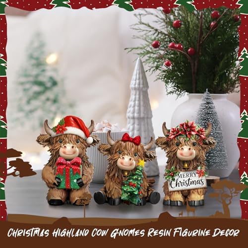 3 Pcs Christmas Highland Cow Figurine Decor, Resin Christmas Decor