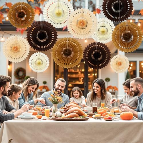 BestoFun 12PCS Paper Fans Brown Neutral Party Decorations Tissue Paper Flowers Boho Paper Fans Party Decorations for Girl Groovy Birthday Baby Shower Wedding Bachelorette Room Wall Hanging Décor