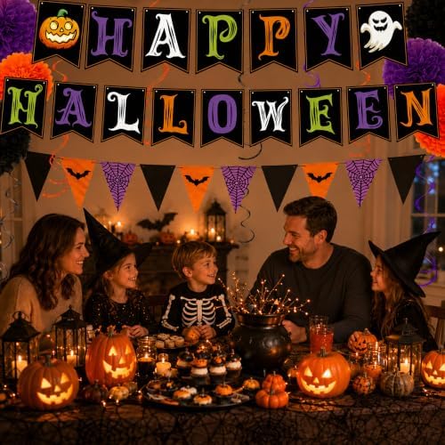 Halloween Decorations - HAPPY HALLOWEEN Banner with Hanging Swirls Pompoms