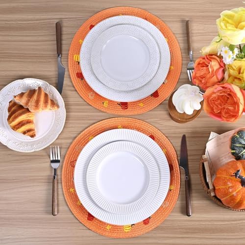 Feuille Fall Placemats Set of 4 PP Round Placemats for Dining Table Orange Pumpkins Placemats Perfect for Autumn Fall Thanksgiving Decorations