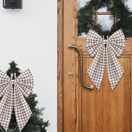 Suncalla 2 Pcs Beige Brown Christmas Gingham Wreath Bows 18'' x 12''
