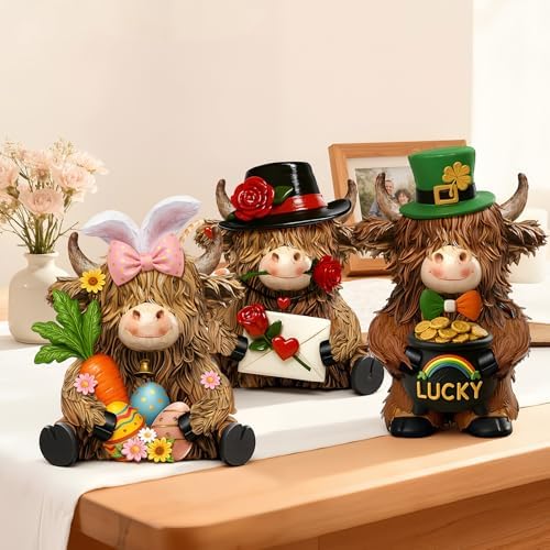3 Pack Seasonal Resin Highland Cow Figurine St. Patrick's Day Easter Bunny Figurines Highland Cow Gifts Decor Resin Statue for Garden Table Shelf Home Decor Calf Gnome Herd Gifts