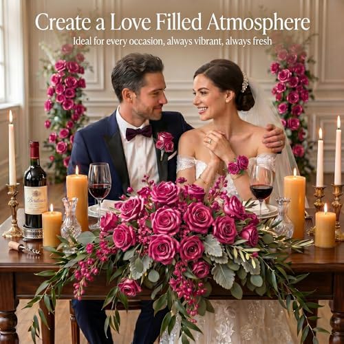 60 Pcs Hot Pink Velvet Artificial Roses Flowers Real Looking Silk Faux Roses Bulk Long Stems for Wedding Centerpieces,DIY Floral Arrangements,Home Decor,Anniversary,Valentine's Day