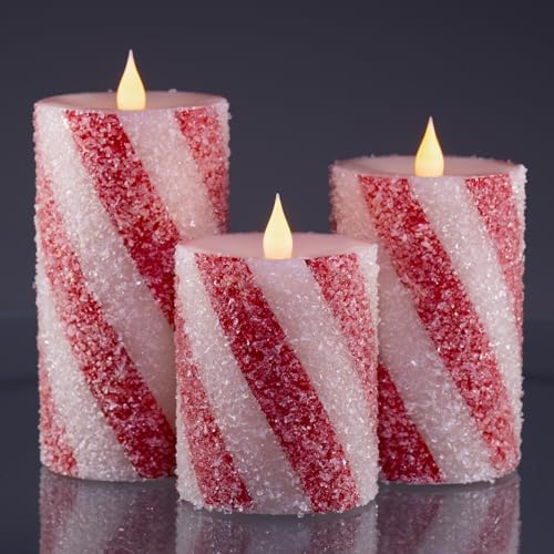 3 Pcs Christmas Candy Cane Stripe Flameless Candles, Real Wax Red &White Glitter Striped LED Pillar Candles with Battery Operated Flickering Flame for Xmas Party, Wedding, Home Decoration D3 x H4"5"6"