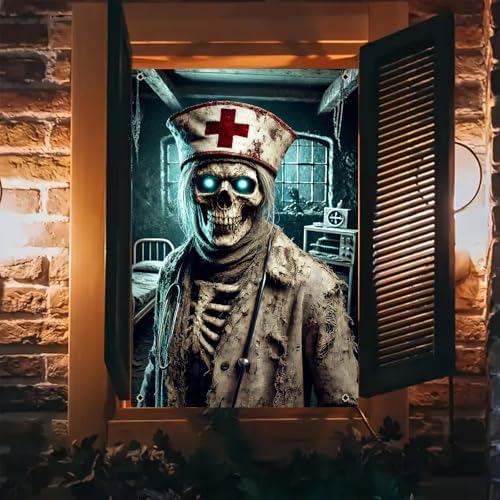 BlissYard Halloween Window Banner 31x47 Inch Zombie Nurse Windows Cover Abandoned Hospital Window Banner Spooky Medical Horror Window Decor Indoor Outdoor Halloween Party Decoration