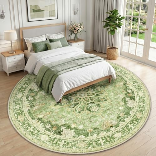 RELEANY Washable Area Rug, Round 10ft, Green/Yellow