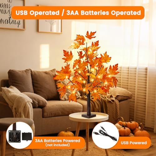 2 Pack 2FT Fall Decorations for Home Artificial Fall Lighted Maple Tree