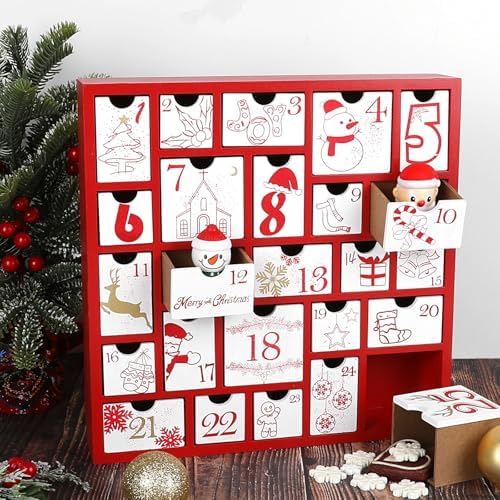 CCINEE Christmas Wooden Advent Calendar with 25 Large Drawers, Countdown to Christmas Decoration Large Size Xmas Countdown Calendar 2024 Hand Painted Refillable Advent for Holiday Decoration(Red)