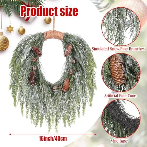 Suncalla Christmas Snowy Norfolk Pine Wreath 16" for Front Door Greenery
