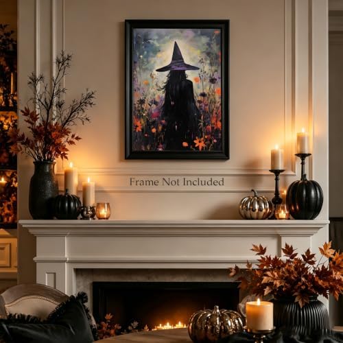 ILLBDR Halloween Witch with Flowers Canvas Wall Art Poster 16x24 inch