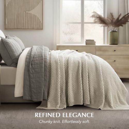 EVERGRACEHOME Chunky Chenille Knit Throw Blanket, 90 x 90, Warm Gray