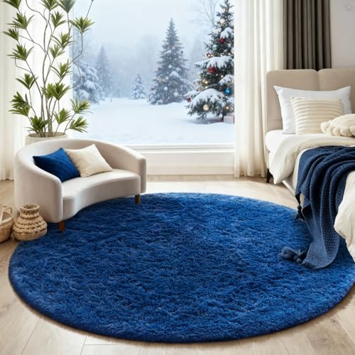 Ophanie Round Rug 5Ft Blue Circle Area Rug, Boys Room Decor, Fluffy Fuzzy Bedroom Carpet, Plush Soft Shaggy Living Room