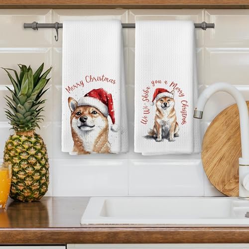 XPH Christmas Shiba Inu Kitchen Dish Towels, Funny Shiba Inu Gifts for Women, Dog Mom Lovers Gifts Hand Towels Kitchen Tea Towel Decorations, Christmas Dog Bathroom Decor, 16x24inch Set of 2