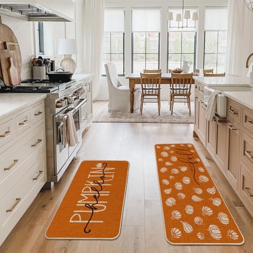 Artoid Mode Orange Hello Pumpkin Fall Kitchen Mats Set of 2-24x35+24x59