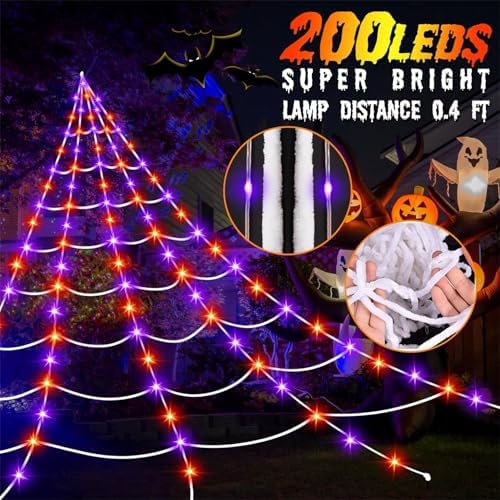 Halloween Giant Spider Web Lights Decorations Outdoor, 16.4Ft 200 LED Lighted Spider Web Light up with 8 Modes for Yard House Decor