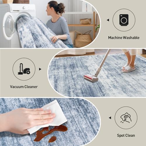 10x14 Area Rugs for Living Room: Washable Abstract Blue White Carpet