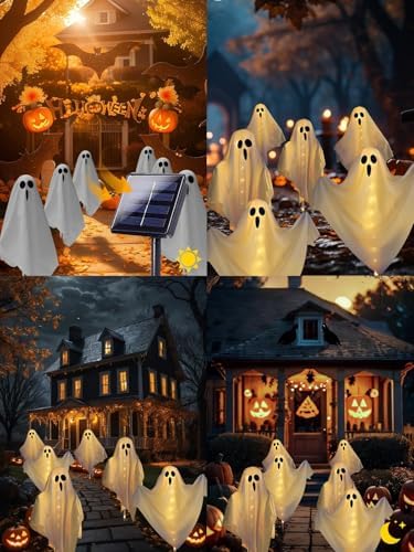 6-Pack Solar Powered Ghost Halloween Decorations Outdoor, Auto On/Off, Ghost Path Lights for Scary Party Yard Garden Lawn Holiday Decor(Warm White)