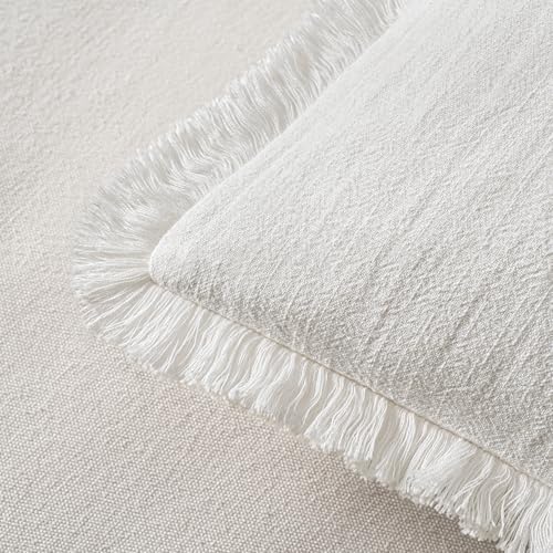 MIULEE Boho Linen Fringe Decorative Euro Throw Pillow Covers White 26x26