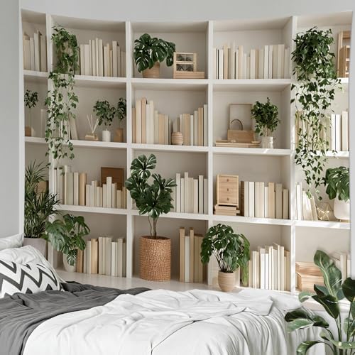 HVEST Botanical Bookshelf Tapestry Green Plant Potted and Books Wall Tapestry for Living Room Aesthetic Library Tapestries Wall Art Decor for Bedroom Home Office Classroom, 40L x 60W Inches