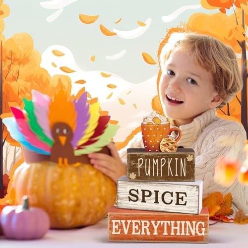 Moucuny 4 Pcs Fall Table Decor Pumpkin Spice Sign, Wooden Tiered Block Set