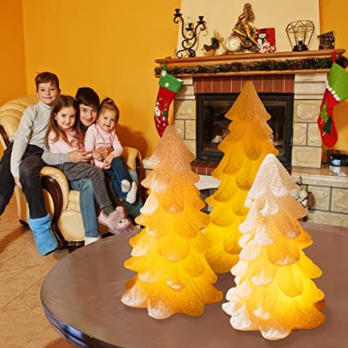 Glittering White Christmas Tree Shaped Flickering Flameless LED Candles with Timer, Real Wax Battery Operated for Home Party Decoration and Gift (Set of 3)
