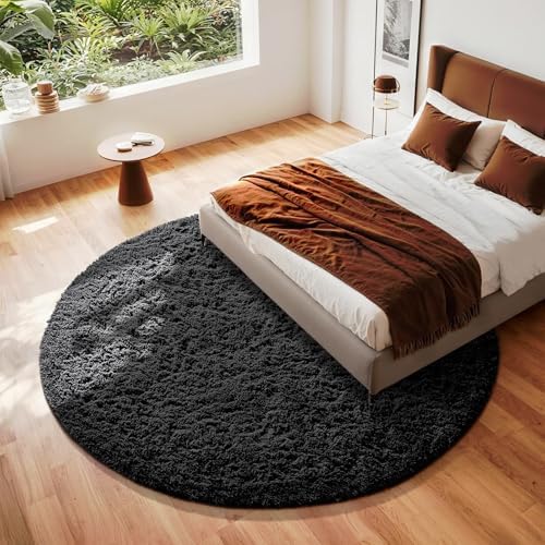 Ophanie Round Rug 8Ft Black Circle Area Rug, Room Decor for Men, Fluffy Fuzzy Bedroom Carpet, Plush Soft Shaggy Living