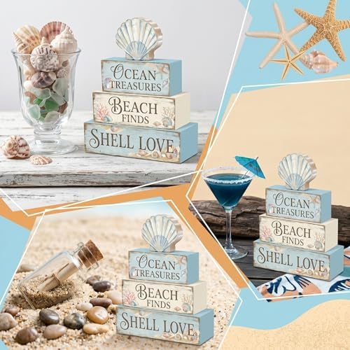 Britimes Tiered Tray Decor Set, 4 Pack, Wooden Table Sign, Seahorse Coastal